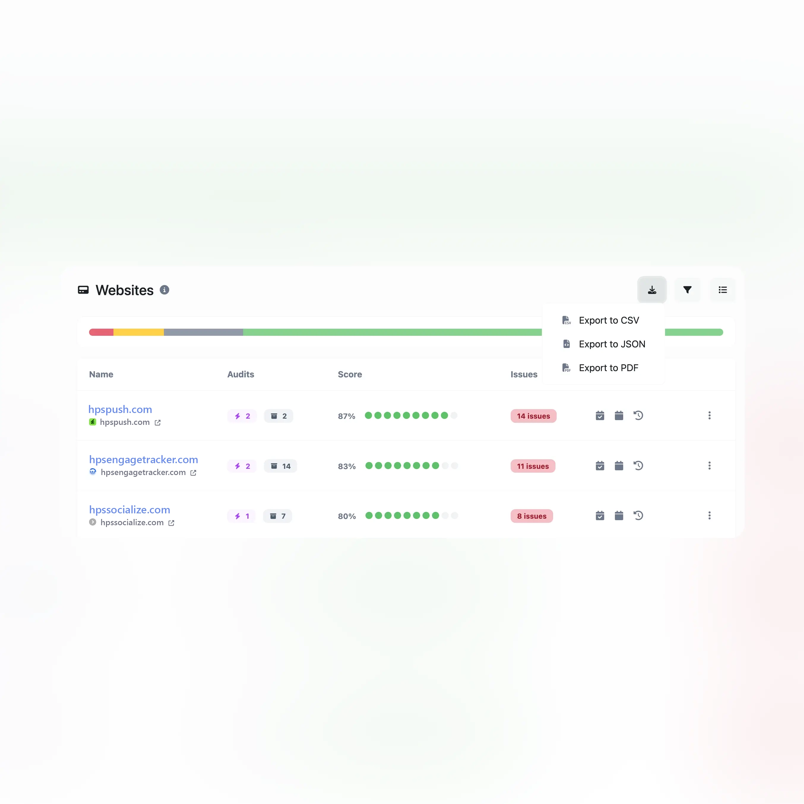 Screenshot of the app CSV, PDF, CSV exporting features
