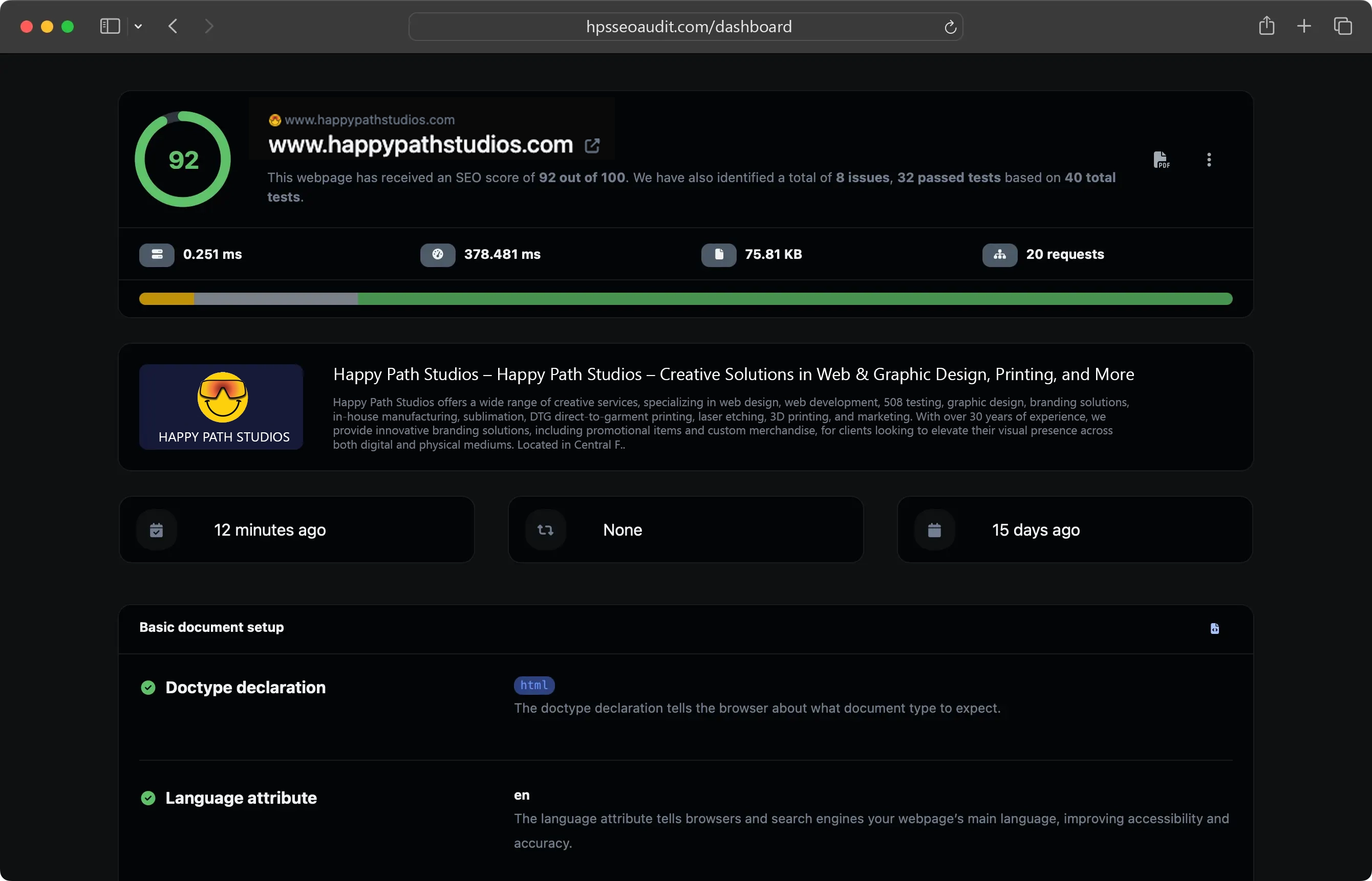 Screenshot of the app dashboard